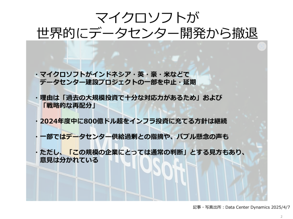 マイクロソフトが世界的にデータセンター開発から撤退