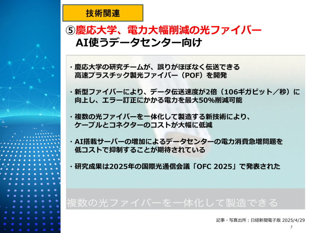 慶応大学の省電力光ファイバー