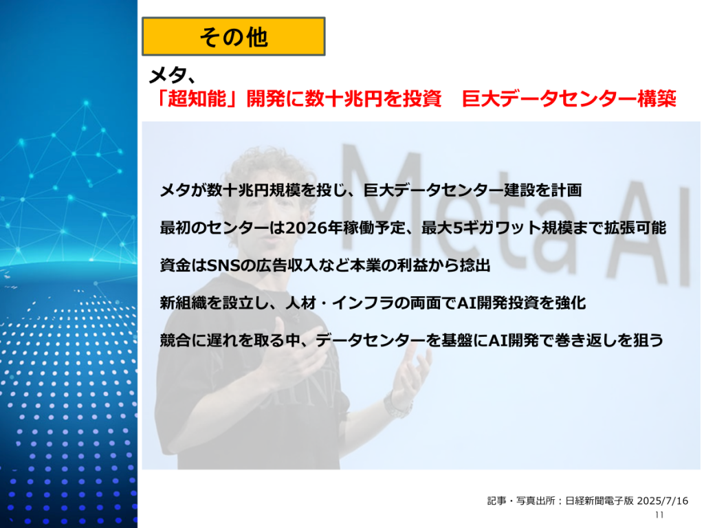 米メタ:スーパーインテリジェンス開発に向け、数十兆円規模のDC投資
